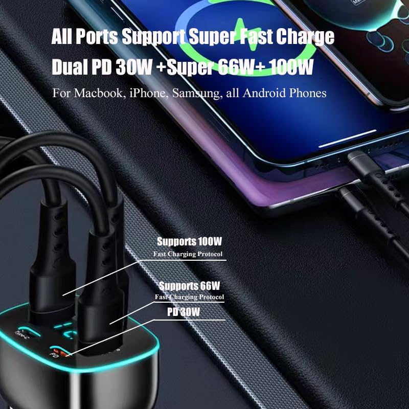 5-Port USB C Car Charger with Dual PD 30 W Fast Charging & Voltage Display – Multi-Device Compatibility for Mac Book, i Phone 16/15 Pro Max, Samsung, Huawei & Android – Efficient Cigarette Lighter Adapter for On-the-Go Power