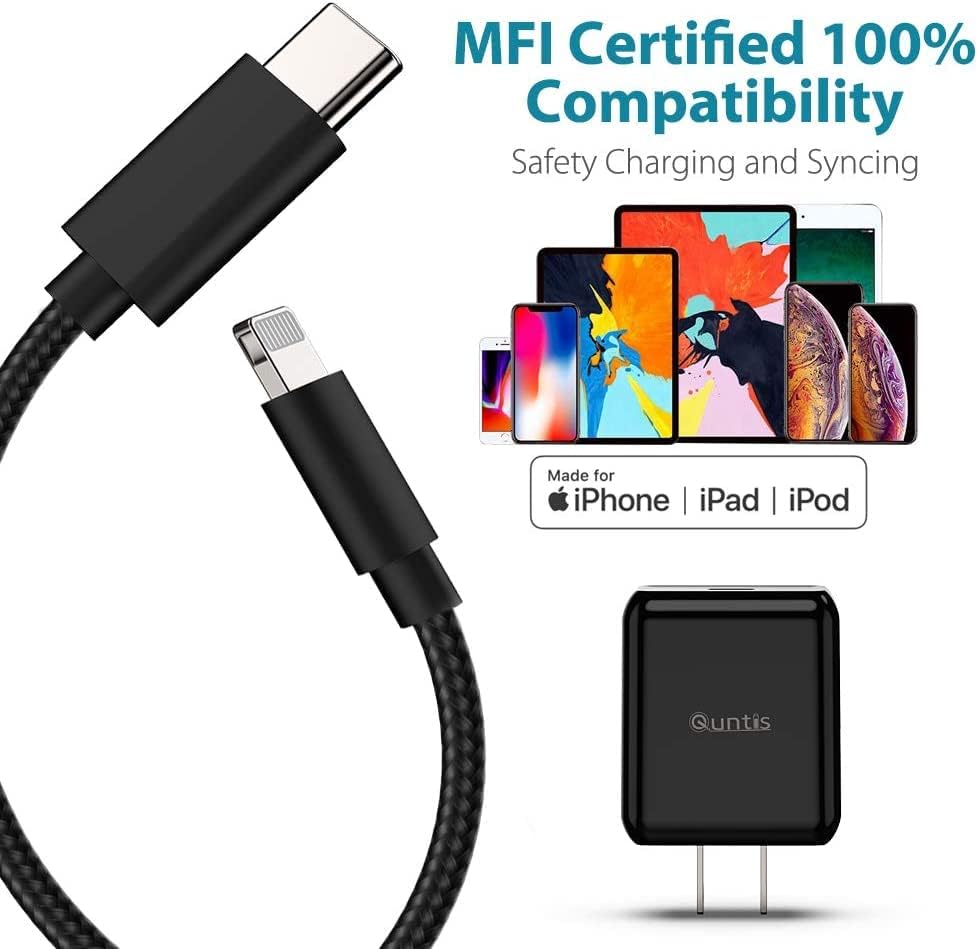 Quntis 20 W High-Speed i Phone Charger Block with 6 FT USB-C to Lightning Cable – Rapid Charging Solution for i Phone 14, 13 Pro, Max, Mini, 12, 11, XS, XR, X, and i Pad – Compact, Durable, and MFi Certified for Optimal Performance