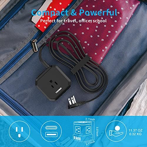 TOPREK Ultra-Slim 5-Outlet Power Strip with USB-C and USB-A Ports – 5 FT Flat Extension Cord Surge Protector for Efficient Charging in Home, Office, and Travel – Compact Design for Enhanced Portability and Safety