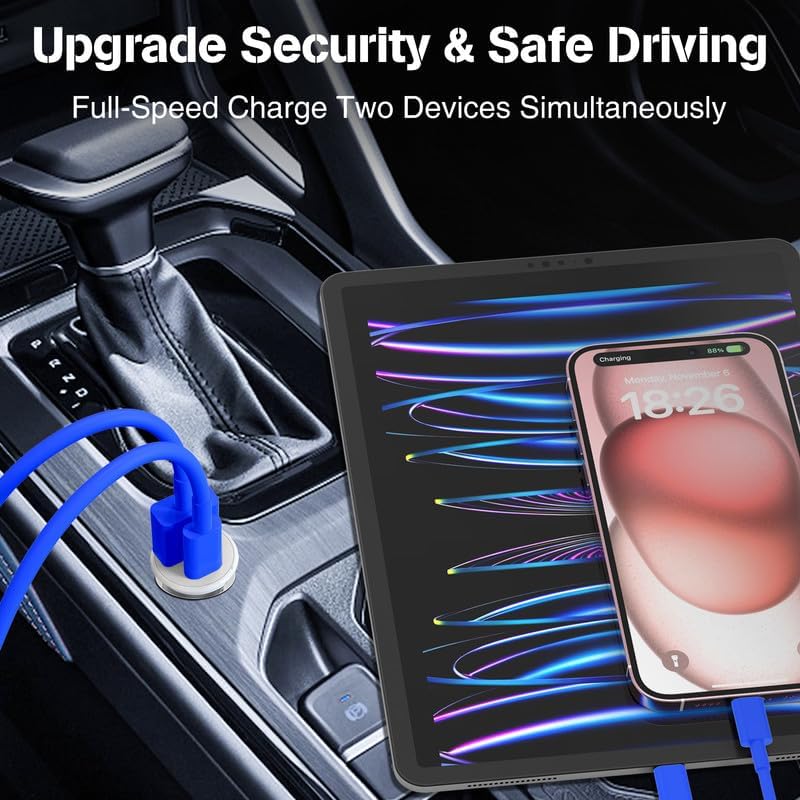 High-Power USB C Car Charger for i Phone 16 & 15 Series – 40 W Dual Port Fast Charging Adapter with 3 FT USB-C to C & A to C Cables – Versatile Compatibility for i Pad, Samsung, and More – Compact Design for On-the-Go Convenience and Enhanced Safety Features