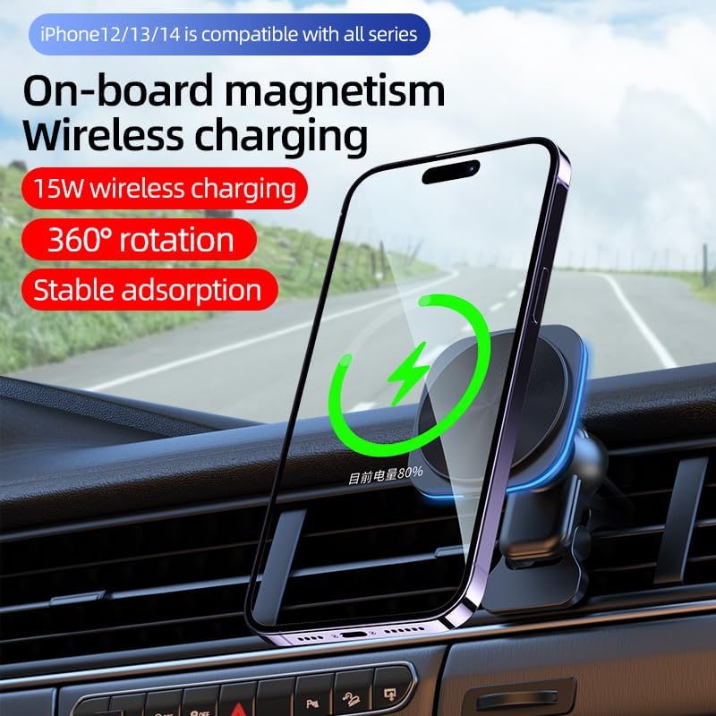 15 W Fast Magnetic Wireless Car Phone Mount for i Phone 12-15 Series – Sleek Automotive Charger Holder with One-Handed Operation and Blue Light Indicator for Safe Navigation and Quick Power-ups – Essential Driving Accessory