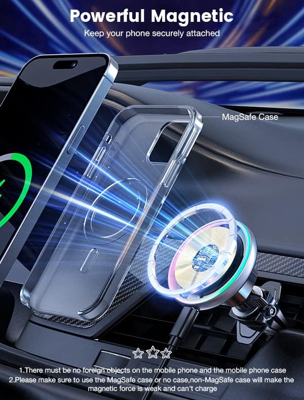 MOKPR 15 W Mag Safe Car Charger & Magnetic Phone Holder – Effortless Fast Wireless Charging with Dynamic LED RGB Lighting for i Phone 15/14/13/12 Series – Stylish Dash & Air Vent Mount for Enhanced Driving Experience and Convenient Accessibility
