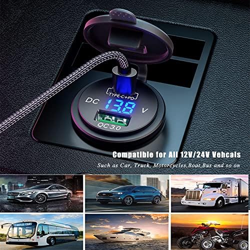 Ultimate Gem Coo 63 W USB C Car Charger Socket with Integrated LED Voltmeter – Experience Rapid Charging with 45 W Power Delivery & 18 W Quick Charge 3.0 for Efficient Power Boost in Cars, RVs, Boats, Trucks, and Motorcycles – Compact, Durable 12 V USB Cigarette Lighter Adapter for All USB Devices
