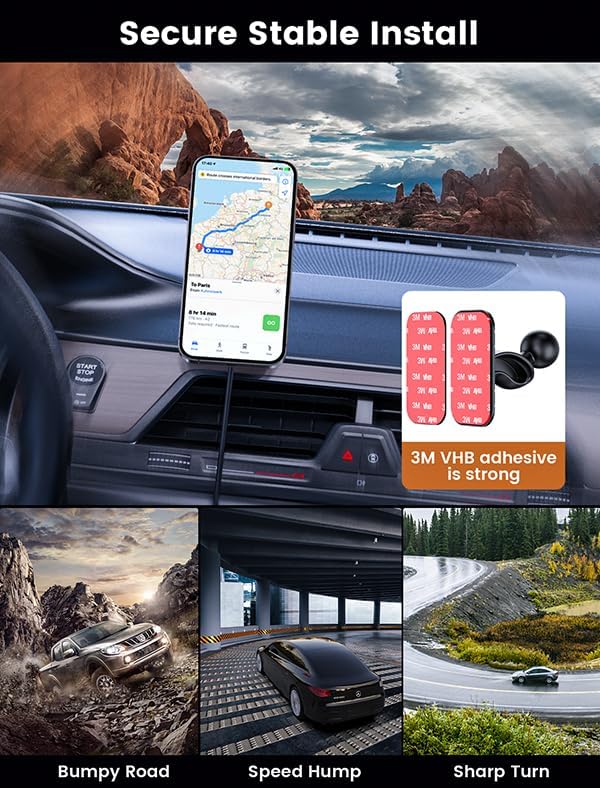 MOKPR 15 W Mag Safe Car Charger & Magnetic Phone Holder – Effortless Fast Wireless Charging with Dynamic LED RGB Lighting for i Phone 15/14/13/12 Series – Stylish Dash & Air Vent Mount for Enhanced Driving Experience and Convenient Accessibility