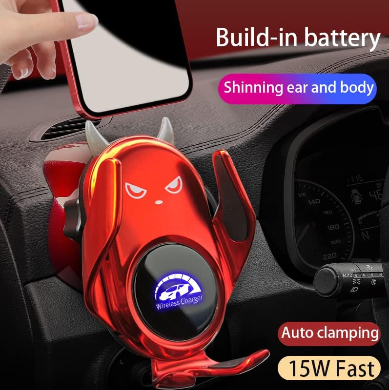 Chic Red Demon Wireless Car Charger Mount with Auto Clamping and Built-in Battery – Fast Charging for i Phone 14/13/12/11/X/SE & Samsung S22/S21/S20/Note Series – Stylish Dashboard and Vent Holder for Effortless Navigation and Convenience