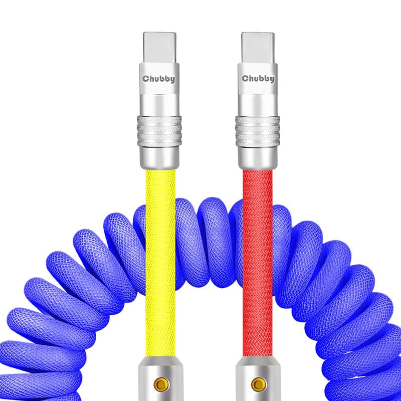Experience Unmatched Charging Versatility with the Chubbycable Curly Chubby – 240 W High-Speed Retractable USB-C Cable, Extends 2.29 to 3.6 FT, Ideal for Car Play & Android Auto, Stylish Dark Blue and Green Coiled Design for Effortless Organization and Durability