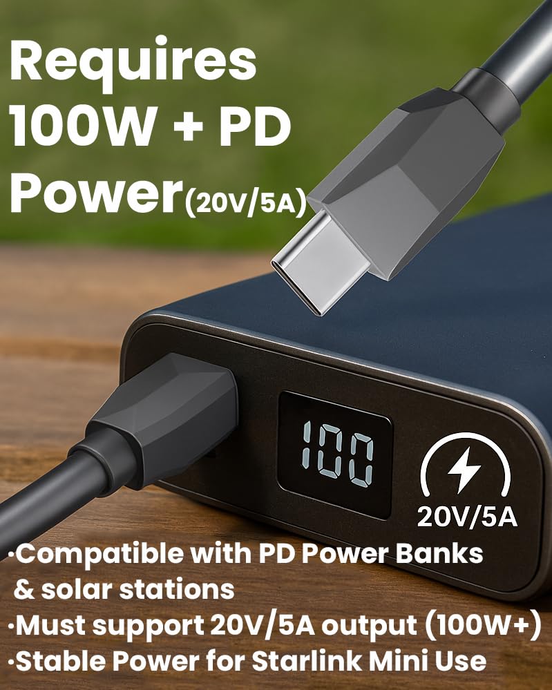 Starlink Mini Power Cable – 3-in-1 10 FT USB-C to DC5521 with 12 V Car Adapter and Voltage Display for Enhanced Off-Grid Charging – Perfect for Starlink Mini, Power Banks & Solar Solutions, High-Speed PD 100 W+ Support