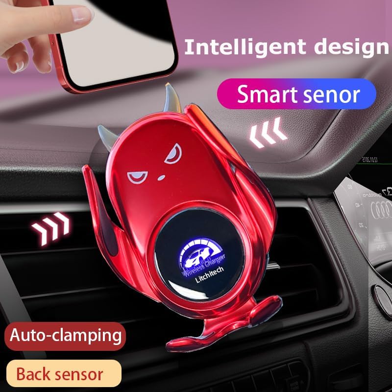 Sleek Red Demon Wireless Car Charger Mount for Women – 15 W Fast Charging Auto Clamping Phone Holder for i Phone & Samsung – Stylish Vehicle Accessory with Effortless Installation & Enhanced Compatibility
