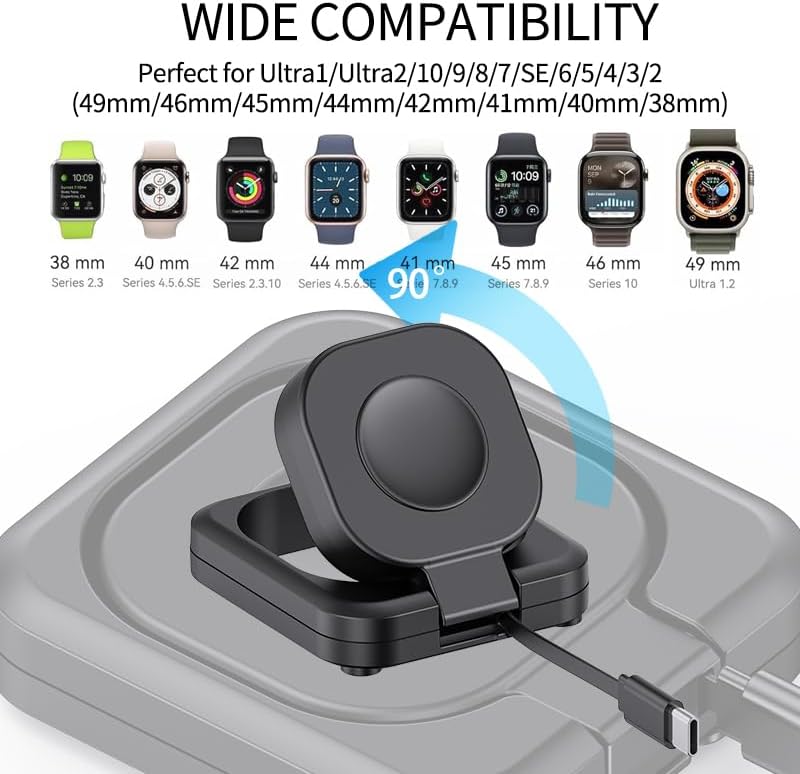 Portable Magnetic Charging Dock for Apple Watch – Foldable Fast Charger with Retractable USB-C Cable – Ultimate Travel Essential for All Series 10/9/8/7/6/5/4/3/2 and Ultra/2/SE – Effortless Power Solution for Active Lifestyle Enthusiasts
