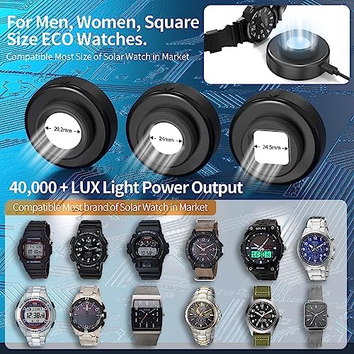 Eco-Friendly Solar Watch Charger for Men and Women – Quick Charge LED UV Light, 8-Hour Auto Shut-Off, Universal Compatibility with Casio, Seiko, Garmin & More – Stylish Black Design with Interchangeable Caps for Ultimate Convenience and Adventure-Ready Power