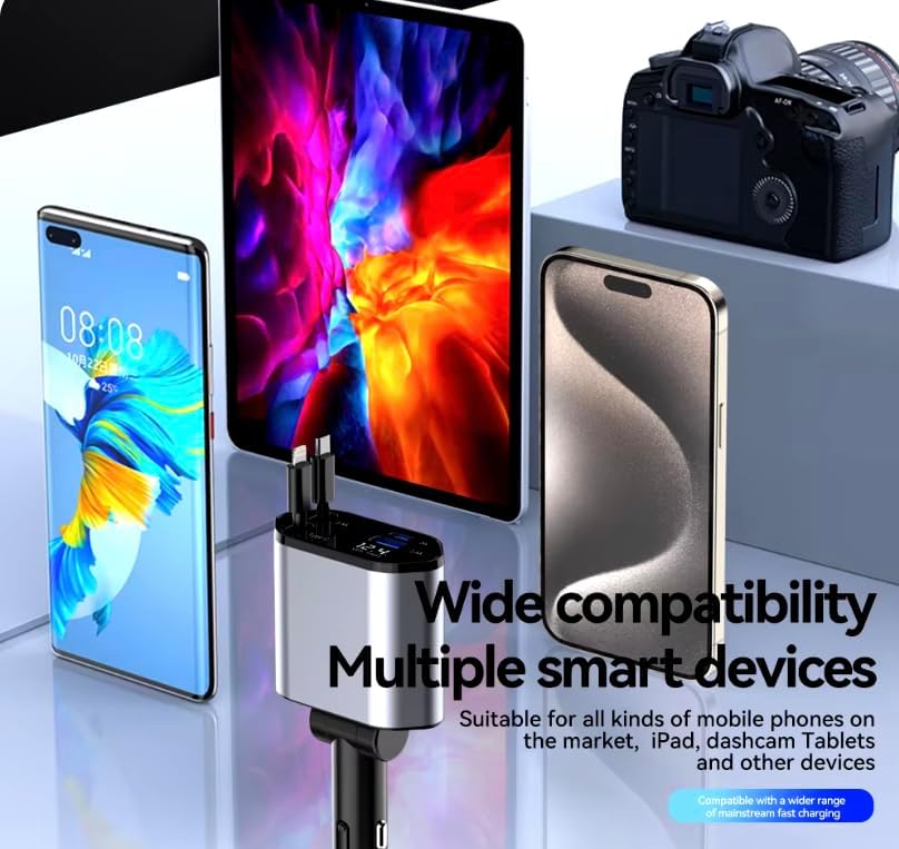 Ultimate 4-in-1 Retractable Car Charger with Dual USB Ports – 120 W Fast Charging Adapter for i Phone, Samsung Galaxy & Pixel Devices – Tangle-Free Design for Optimal On-the-Go Convenience and Universal Compatibility