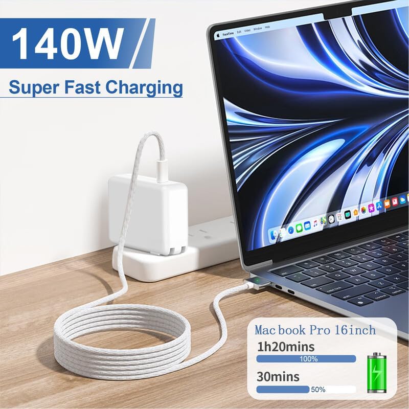 Experience Unmatched Charging Power with Our 140 W USB-C Charger for Mac Book Pro & Air – Designed for 2024, 2023, and 2021 Models, Includes 6.6 FT Braided Cable with LED Indicator. This high-performance charger features intelligent battery management to prolong battery life and prevent overheating, ensuring your Mac Book stays safe and efficient. Compatible with Mac Book Air (13/15-inch, M3, M2, M1) and Mac Book Pro (14/16-inch, M3, M2, M1), it delivers lightning-fast charging speeds, reaching 50% in just 30 minutes. The included durable braided cable features a magnetic connector that minimizes accidental disconnections, while the LED indicator keeps you informed of your charging status. Engineered for optimal compatibility and speed, this original quality charger is backed by a 24-month warranty and dedicated support. Elevate your charging experience today and keep your Mac Book powered up wherever you go!