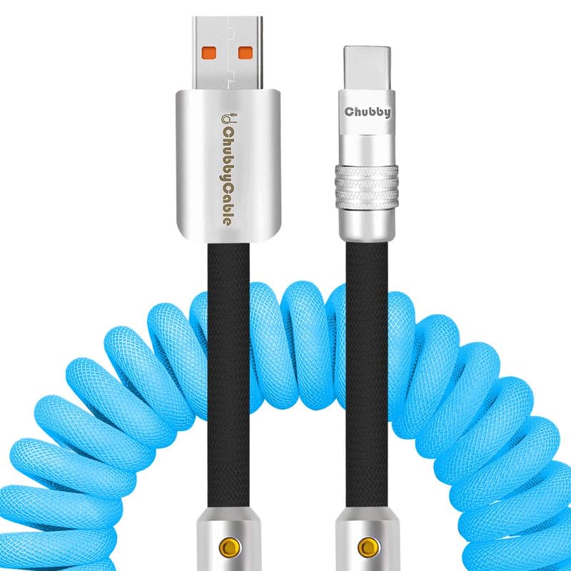 Experience Unmatched Charging Versatility with the Chubbycable Curly Chubby – 240 W High-Speed Retractable USB-C Cable, Extends 2.29 to 3.6 FT, Ideal for Car Play & Android Auto, Stylish Dark Blue and Green Coiled Design for Effortless Organization and Durability