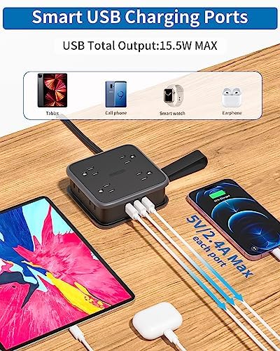 Maximize Connectivity with NTONPOWER 8-Outlet Flat Extension Cord & 3 USB Ports – 6 FT Wall-Mounted Power Strip for Home, Office, and Dorm Use – Space-Saving Design with Surge Protection and High-Speed Charging for All Your Devices