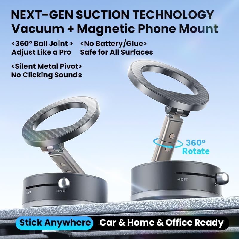 360° Vacuum Magnetic Phone Holder, Suction Cup Phone Mount, Foldable Strong Magnetic Cell Phone Holder for Car/Gym/Mirror/Smooth Surface, Compatible with Magsafe iPhone – Enhanced Compatibility and Speed