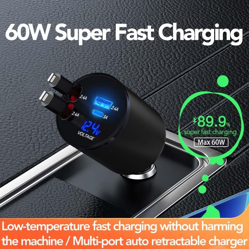 Ultimate 4-in-1 Retractable Car Charger – 60 W Super Fast Charging for i Phone 11-16, Galaxy, Pixel & Air Pods 4 – Dual USB Ports & Tangle-Free Cables for Maximum Convenience on the Go – Compact Power Adapter for All Your Devices