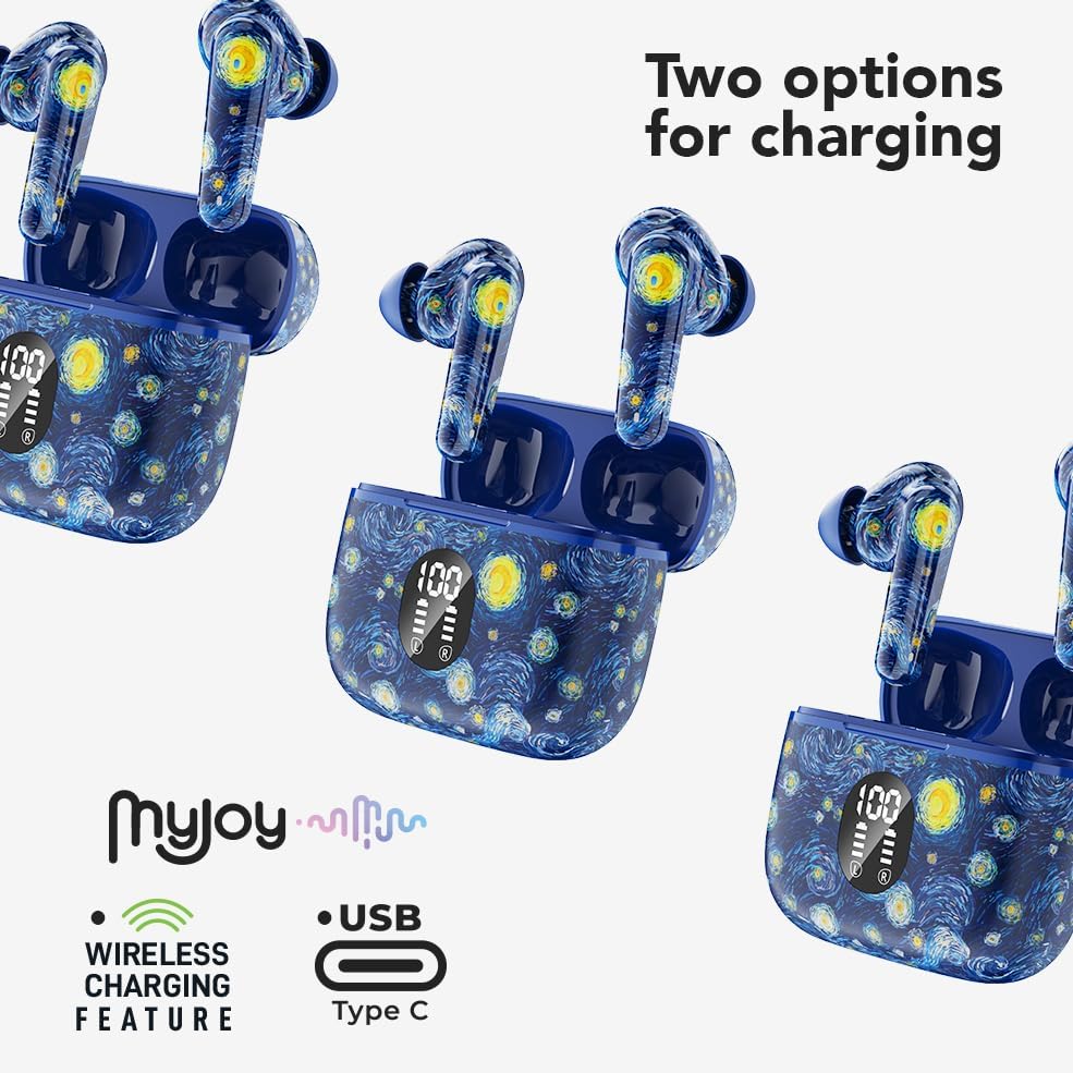 Elevate Your Audio Experience with My Joy Classic Wireless Earbuds – Stylish Van Gogh-Inspired Design, Dual Microphones for Crystal-Clear Calls, IPX5 Sweatproof for Active Lifestyles, Enjoy Up to 7 Hours of Playtime, Noise-Reducing Technology, Effortless Wireless Charging and Enhanced Compatibility for Seamless Device Connection