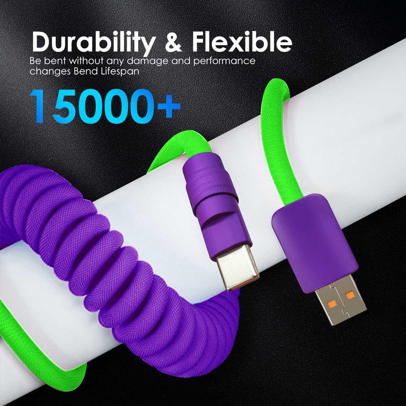 Dynamic Curly Chubby Coiled USB C Cable: 240 W Fast Charge Retractable Spiral Braid Cord for Carplay & Android Auto, Versatile Length 2.29 FT to 3.6 FT, Sleek Black and Red Design, Enhanced Compatibility for All USB-A to Type-C Devices