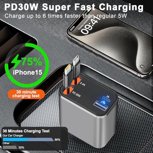 Ultra-Compact 4-in-1 Retractable Car Charger – Dual Type-C and USB Ports, Super Fast Charging for Samsung Galaxy Note Series and More – Multi-Device Convenience for Road Trips and Daily Commutes