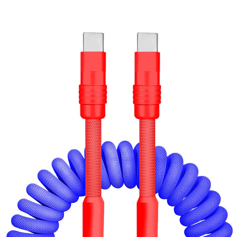 Dynamic Curly Chubby Coiled USB C Cable: 240 W Fast Charge Retractable Spiral Braid Cord for Carplay & Android Auto, Versatile Length 2.29 FT to 3.6 FT, Sleek Black and Red Design, Enhanced Compatibility for All USB-A to Type-C Devices