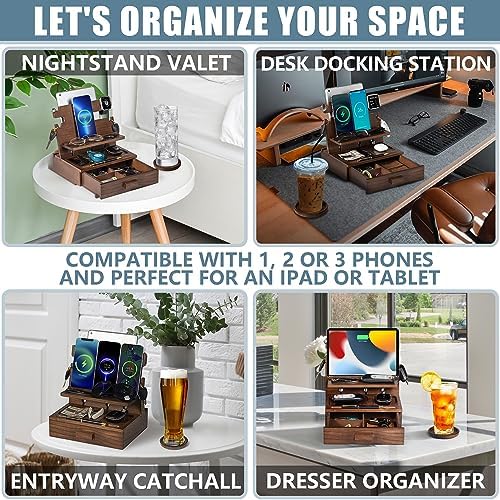 Wood Phone Docking Station for up to 3 Phones – Nightstand Organizer for Men & Women Holds Phones, Tablets, Keys, Rings, Glasses, Watches, EDC & More – with Special Drawer for Valuables – Enhanced Compatibility and Speed
