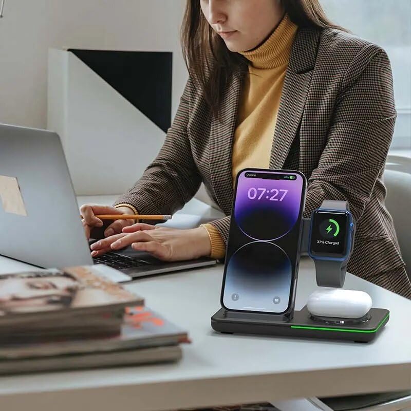 Ultimate 3-in-1 Foldable Wireless Charging Dock for Apple Devices with Built-In LED Night Light – Fast, Compact, and Stylish Charger for i Phone, Apple Watch, and Air Pods – Perfect for Home and Travel – Sleek White Finish for Modern Aesthetics and Organized Spaces