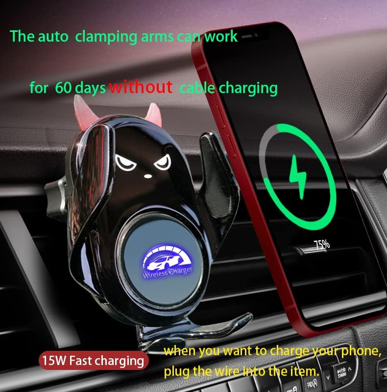 Innovative Auto-Clamping Wireless Charging Car Phone Holder with Rotatable Vent Clip – Stylish Cute Demon Design for i Phone, Samsung Galaxy & Android Devices – Ultimate Compatibility and Fast Charging Solution for Modern Drivers