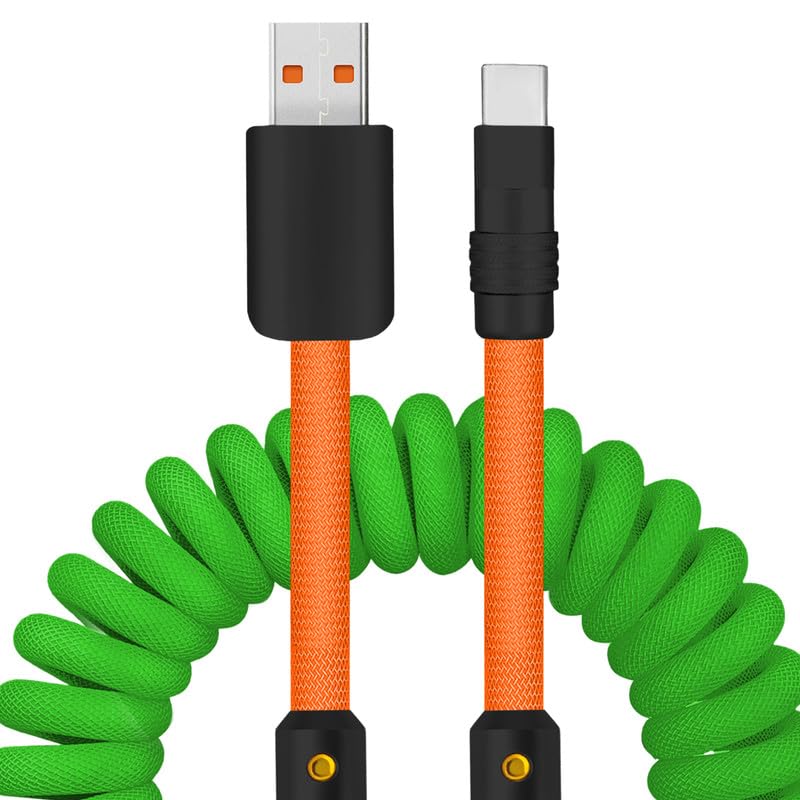 Experience Unmatched Charging Versatility with the Chubbycable Curly Chubby – 240 W High-Speed Retractable USB-C Cable, Extends 2.29 to 3.6 FT, Ideal for Car Play & Android Auto, Stylish Dark Blue and Green Coiled Design for Effortless Organization and Durability