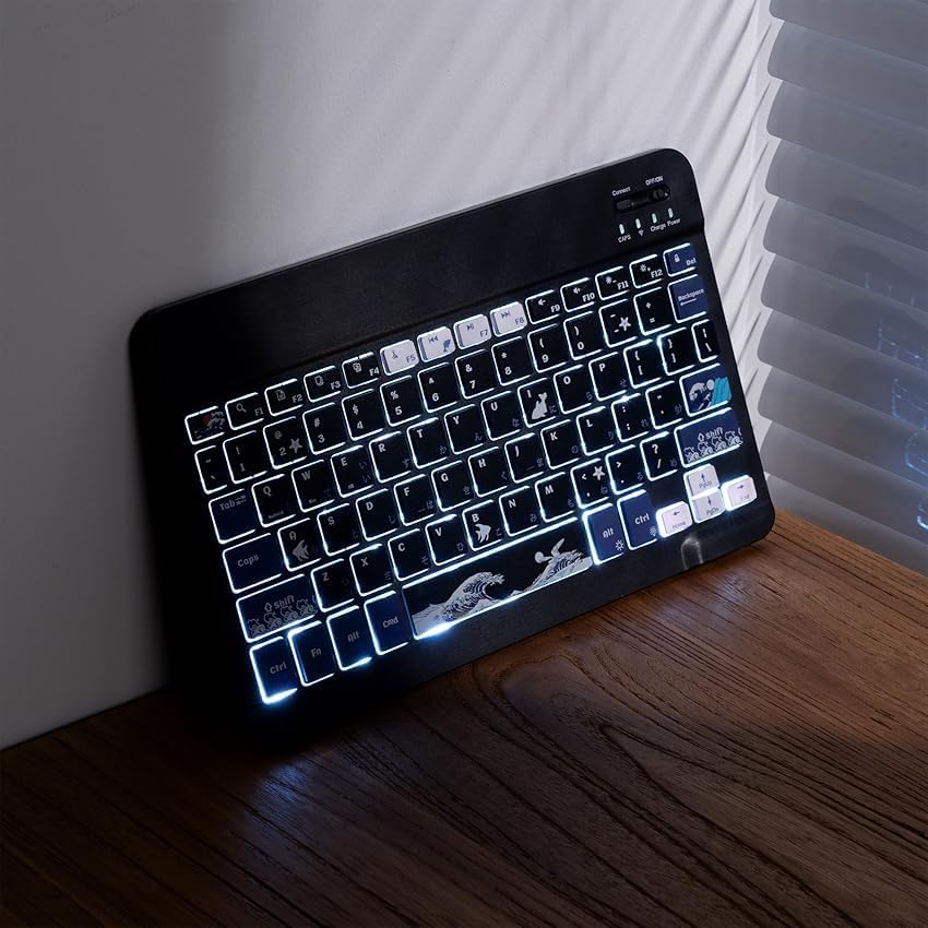 Ultra-Portable XVX WK60 Foldable Bluetooth Keyboard with Kanagawa Wave Art – Multi-Device Compatible Wireless Keyboard for i Pad, i Phone, Mac Book, Android & Windows – Long-Lasting 20-Hour Battery Life – Elevate Your Typing Experience Anywhere