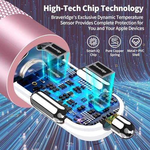 Braveridge 66 W Dual Port USB-C Car Charger for i Phone 16 – MFi Certified Fast Charging with Type-C Braided Cable – Enhanced Compatibility for i Phone 16/16 Pro Max/15/15 Pro/i Pad – Ideal for Road Trips and On-the-Go Power Solutions