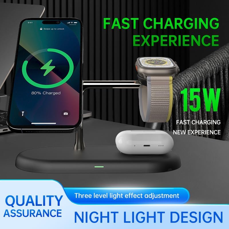 3-in-1 Wireless Charging Station for i Phone 16/15/14/13/12, Air Pods & Samsung Galaxy Watch – Fast Charge, Integrated Night Light & Sleek Design for Ultimate Convenience and Organization