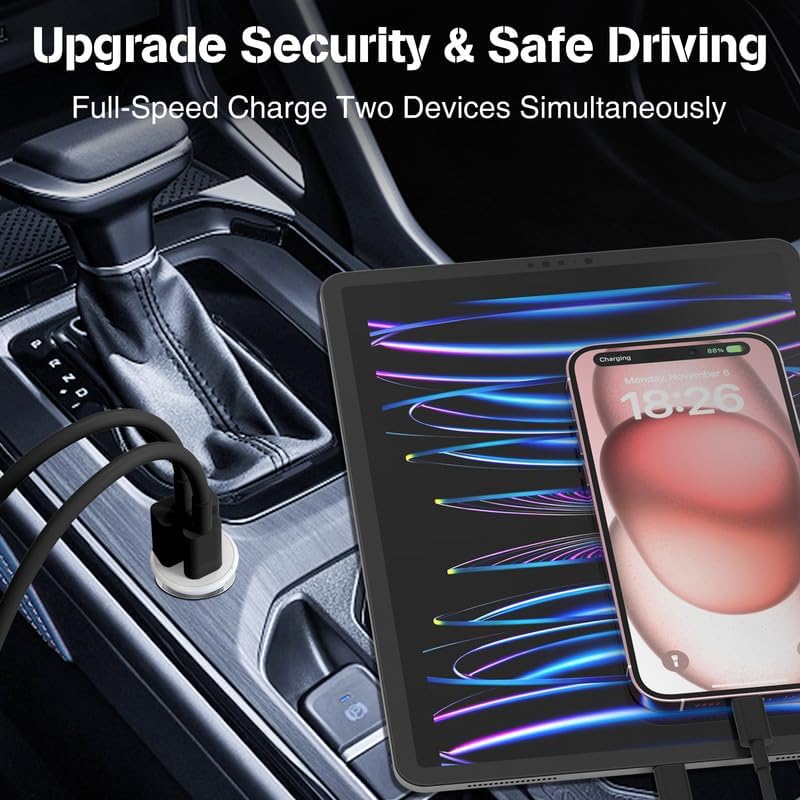 High-Power USB C Car Charger for i Phone 16 & 15 Series – 40 W Dual Port Fast Charging Adapter with 3 FT USB-C to C & A to C Cables – Versatile Compatibility for i Pad, Samsung, and More – Compact Design for On-the-Go Convenience and Enhanced Safety Features