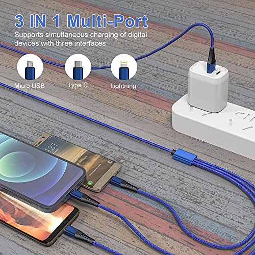 Ultimate 3 in 1 USB Long Charger Cable – 3 M/10 FT Braided Fast Charging Cord with Universal USB C, Micro USB & Lightning Connectors – 6 A Power Delivery for Rapid Device Charging – Durable & Tangle-Free Multi-Device Charging Solution