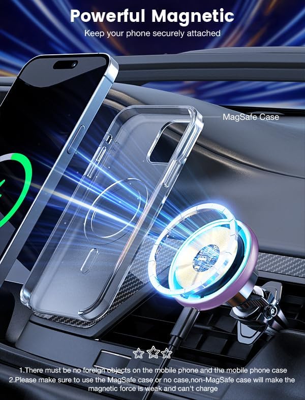 MOKPR 15 W Mag Safe Car Charger & Magnetic Phone Holder – Effortless Fast Wireless Charging with Dynamic LED RGB Lighting for i Phone 15/14/13/12 Series – Stylish Dash & Air Vent Mount for Enhanced Driving Experience and Convenient Accessibility