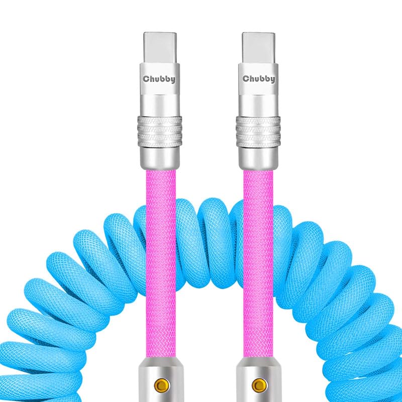 Experience Unmatched Charging Versatility with the Chubbycable Curly Chubby – 240 W High-Speed Retractable USB-C Cable, Extends 2.29 to 3.6 FT, Ideal for Car Play & Android Auto, Stylish Dark Blue and Green Coiled Design for Effortless Organization and Durability