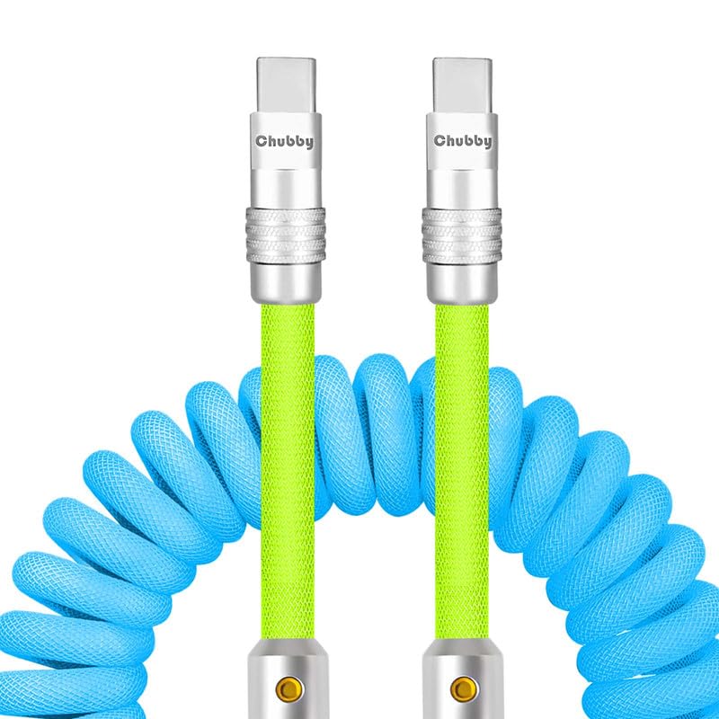 Experience Unmatched Charging Versatility with the Chubbycable Curly Chubby – 240 W High-Speed Retractable USB-C Cable, Extends 2.29 to 3.6 FT, Ideal for Car Play & Android Auto, Stylish Dark Blue and Green Coiled Design for Effortless Organization and Durability