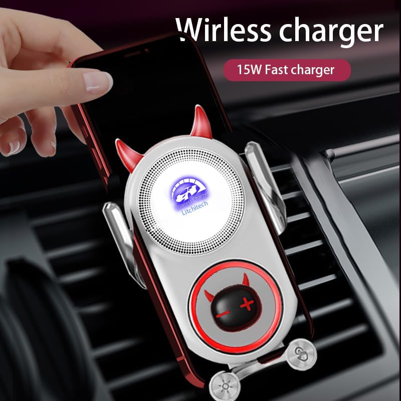 Stylish Wireless Car Charger Mount with Auto-Clamping Smart Sensor – Adorable Black Demon Design for Effortless Charging and Secure Phone Holding, Compatible with i Phone and Samsung Devices, Fast Charging Technology for Ultimate Convenience