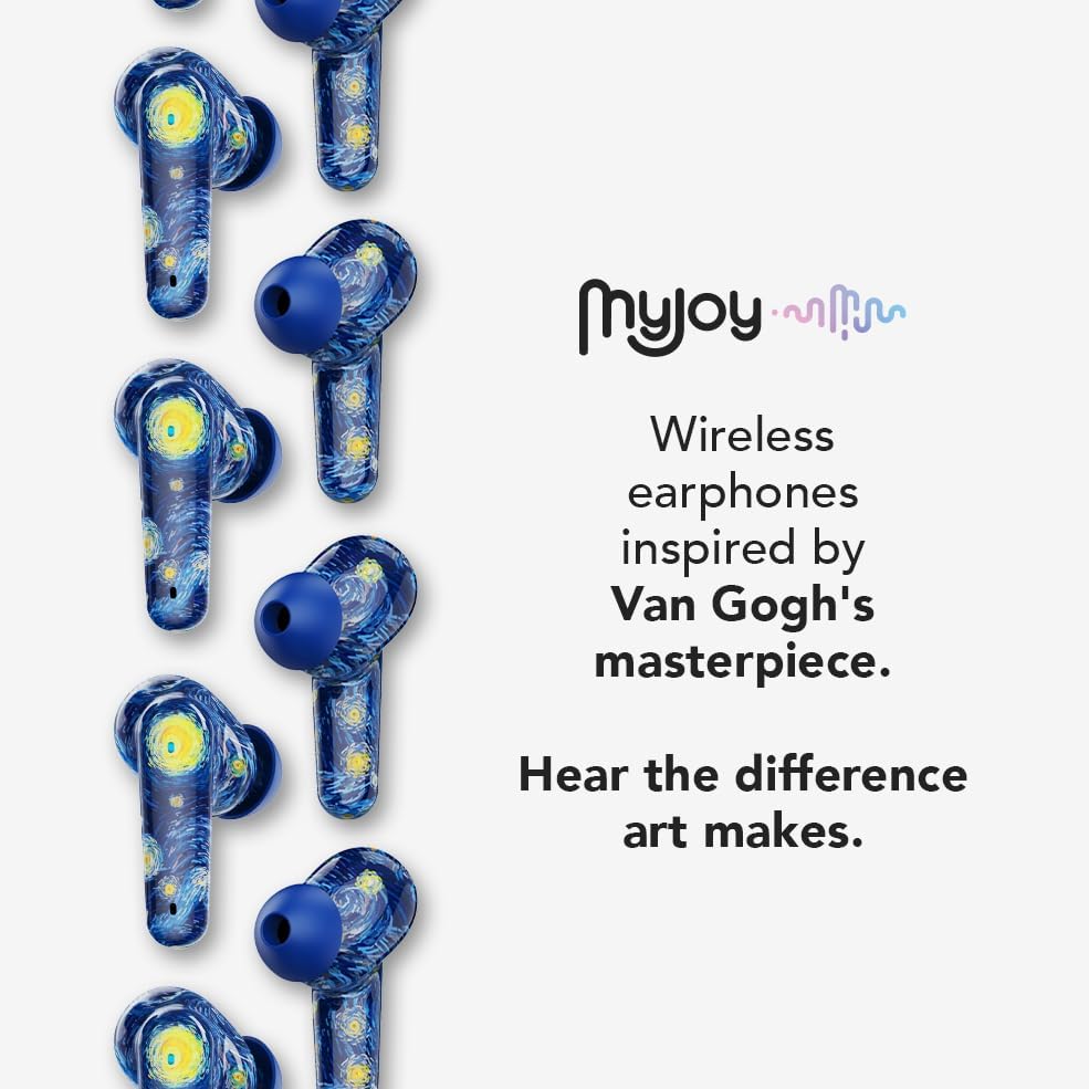 Elevate Your Audio Experience with My Joy Classic Wireless Earbuds – Stylish Van Gogh-Inspired Design, Dual Microphones for Crystal-Clear Calls, IPX5 Sweatproof for Active Lifestyles, Enjoy Up to 7 Hours of Playtime, Noise-Reducing Technology, Effortless Wireless Charging and Enhanced Compatibility for Seamless Device Connection