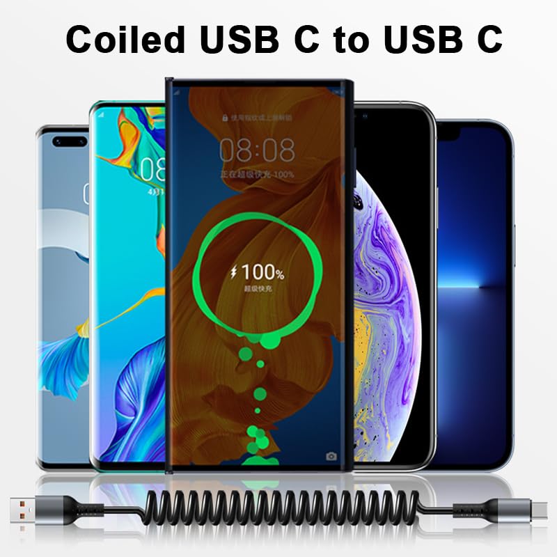 Coiled USB C to USB C Cable 3 ft – Dual Pack Retractable Charging Solution in Pink for Fast Data Transfer and Compatibility with i Phone 16, 15 Pro Max, Samsung Galaxy S24/S23, Moto G8, and Google Pixel – Perfect for Carplay and Android Auto