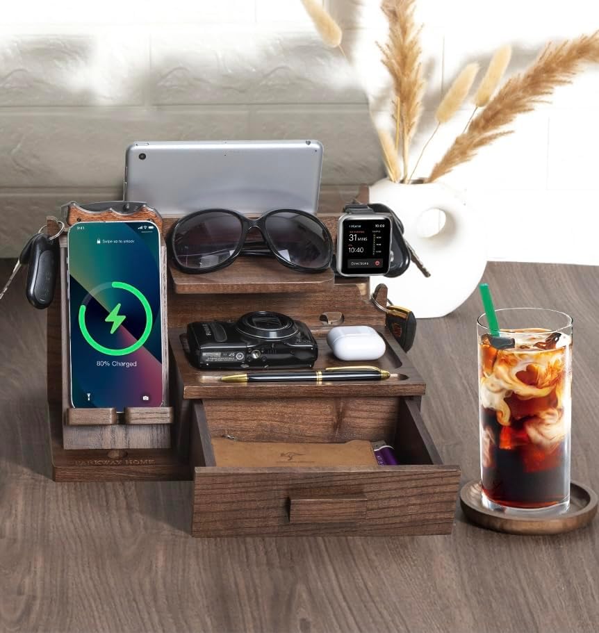 Black Wood Phone Docking Station with Drawer, Compatible with Apple Watch – Wood Charging Station Organizer Stand, Bedside Nightstand Organizer for Men, Holds, Tablet, Glasses, Keys, EDC – Enhanced Compatibility and Speed