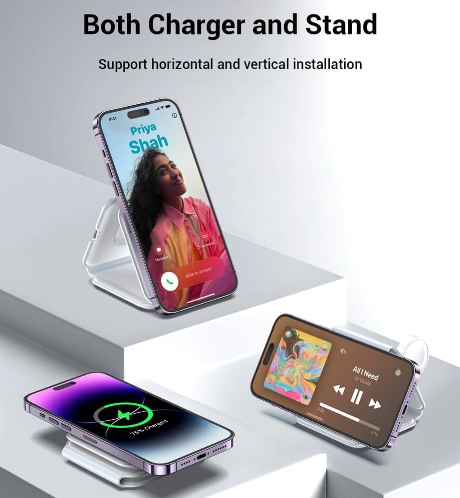 Watashiqi 3-in-1 Magnetic Travel Wireless Charging Station – Fast Charging Convenience for i Phone 16/15/14/13/Pro/Max, Apple Watch, Air Pods & Samsung Galaxy – Enhanced Ga N Technology for Rapid Power Delivery, Compact & Portable Design for On-the-Go Use
