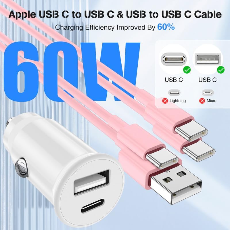 High-Power USB C Car Charger for i Phone 16 & 15 Series – 40 W Dual Port Fast Charging Adapter with 3 FT USB-C to C & A to C Cables – Versatile Compatibility for i Pad, Samsung, and More – Compact Design for On-the-Go Convenience and Enhanced Safety Features