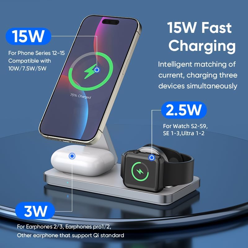 Ultimate 3-in-1 Apple Device Charging Station: Fast Wireless Charger for i Phone 16/15/14/13/12, Apple Watch & Air Pods – Sleek, Compact Design with Enhanced Speed and Versatile Functionality for Home or Office Use