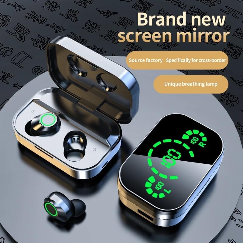 Ultimate Bluetooth 5.3 True Wireless Earbuds with Smart Touch Control & Fast Charging Case – Stylish Black Mini Design Featuring Green LED Mirrored Screen for Enhanced Portability, Superior Sound Quality, and Seamless Connectivity
