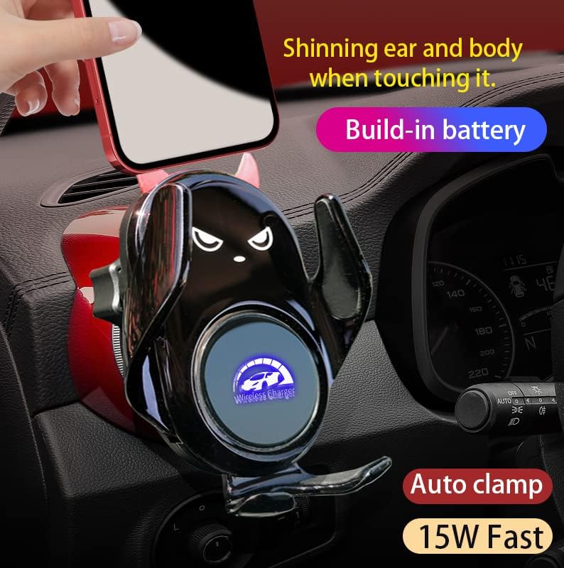Chic Red Demon Wireless Car Charger Mount with Auto Clamping and Built-in Battery – Fast Charging for i Phone 14/13/12/11/X/SE & Samsung S22/S21/S20/Note Series – Stylish Dashboard and Vent Holder for Effortless Navigation and Convenience