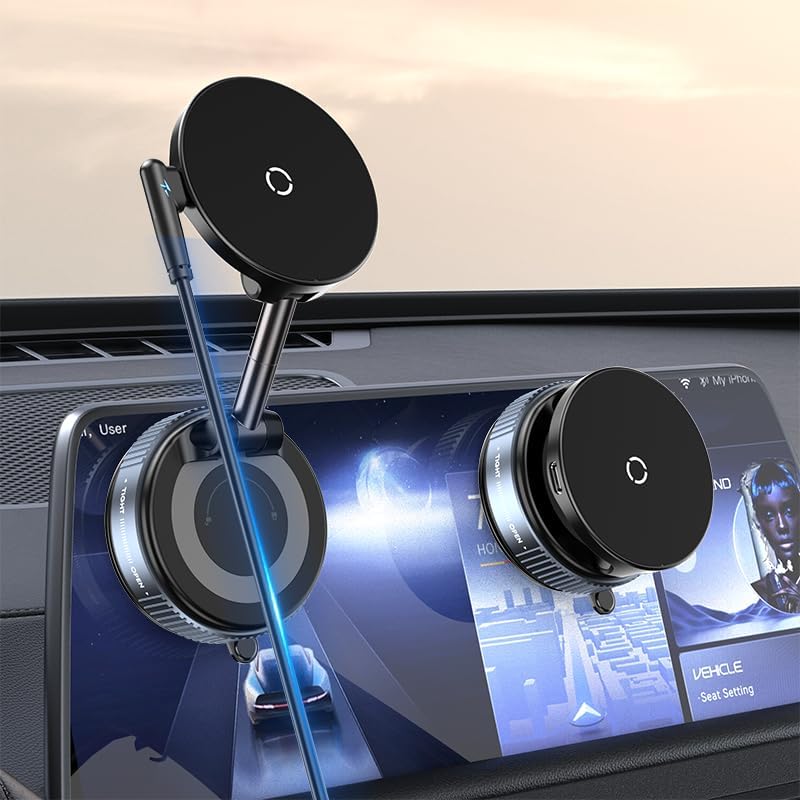 Vacuum Magnetic Car Phone Holder-Rechargeable 360°Rotatable Car Suction Cup Phone Mount for All Smartphones on Smooth Surfaces(80+LBS Strongest Suction&2400gf Strongest Magnetic) – Enhanced Compatibility and Speed