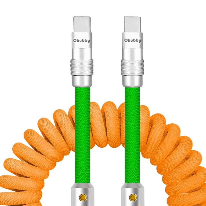 Experience Unmatched Charging Versatility with the Chubbycable Curly Chubby – 240 W High-Speed Retractable USB-C Cable, Extends 2.29 to 3.6 FT, Ideal for Car Play & Android Auto, Stylish Dark Blue and Green Coiled Design for Effortless Organization and Durability