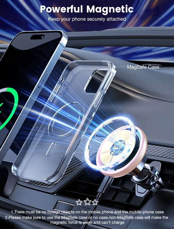 MOKPR 15 W Mag Safe Car Charger & Magnetic Phone Holder – Effortless Fast Wireless Charging with Dynamic LED RGB Lighting for i Phone 15/14/13/12 Series – Stylish Dash & Air Vent Mount for Enhanced Driving Experience and Convenient Accessibility
