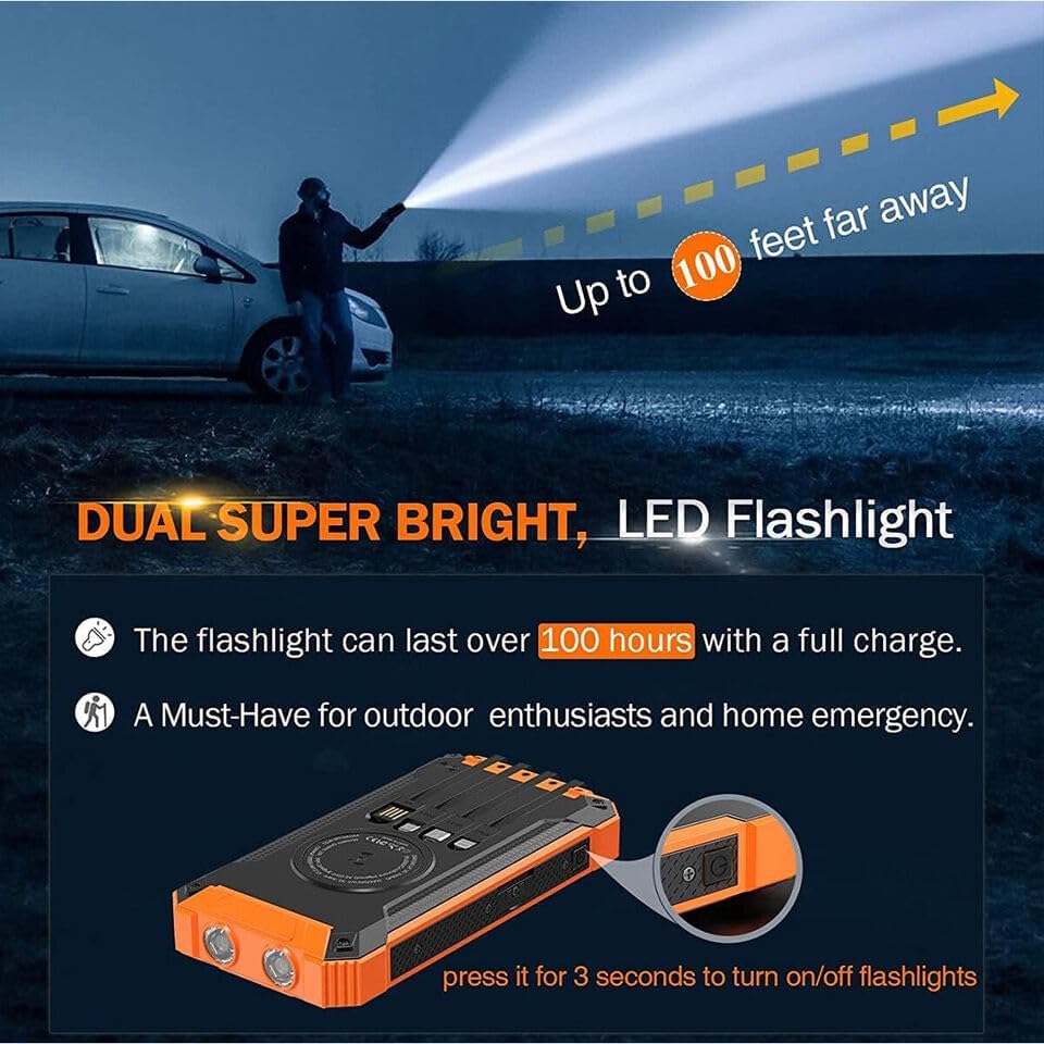 Ultimate Solar Power Bank – 10,000 m Ah Portable Charger with Fast Wireless Charging, 4 USB Ports, Built-in Cables, LED Flashlight & Carabiner – Waterproof Outdoor Essential for i Phone & Android Devices (Black/Red) – Empower Your Adventures!