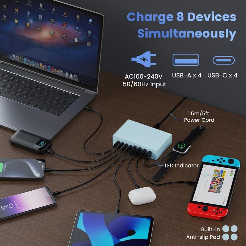 Revolutionize Your Charging Experience: 200 W Ga N III USB C Travel Charger Hub – 8-in-1 Multi-Device Fast Charging Station for Mac Book Pro, Dell XPS, i Phone 16/15/14 & Galaxy S24 – Compact, Lightweight Design with PD 65 W Power Delivery & Enhanced Compatibility – Stylish Purple Finish for Tech Enthusiasts